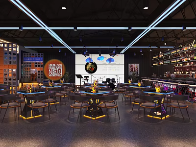 Modern Restaurant Interior Design With Round Tables Bar Counter Neon Lights And Wine Racks 3d model