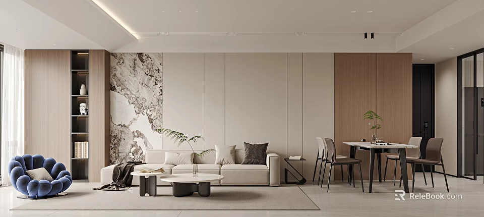 Elegant Modern Living Dining Room Interior Design With Sofa Coffee Table And Dining Chairs 3d model 