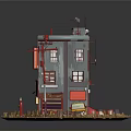 Cartoon Style Miniature Scene With Multi Story Building Yellow Car Red Mailbox And Street Lamp