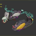 Two White Blue and Yellow Black Scooters With Seats Rearview Mirrors On Dark Reflective Surface