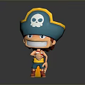 Cartoon Man Wearing Blue Pirate Hat With Yellow Trim Skull Symbol Striped Shirt Red Shoes