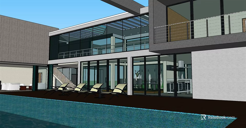 Modern Detached Villa With Large Glass Windows Swimming Pool And Outdoor Lounge Chairs 3d model 