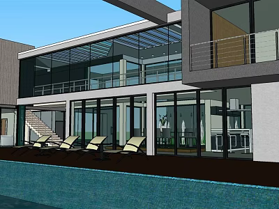 Modern Detached Villa With Large Glass Windows Swimming Pool And Outdoor Lounge Chairs 3d model