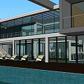 Modern Detached Villa With Large Glass Windows Swimming Pool And Outdoor Lounge Chairs