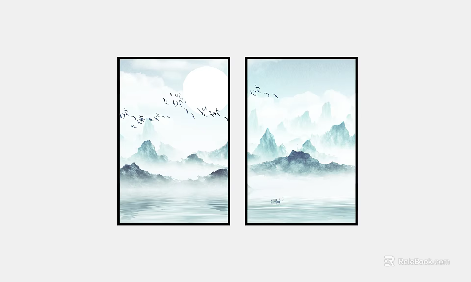 Chinese Ink Wash Landscape Painting with Moon Flying Birds and Misty Mountains Over Calm Water 3d model 