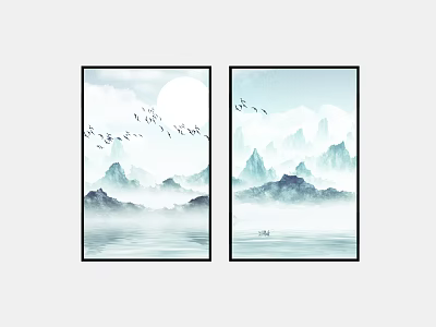 Chinese Ink Wash Landscape Painting with Moon Flying Birds and Misty Mountains Over Calm Water 3d model
