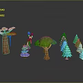 3D Rendered Cartoon Style Trees With Various Colors And Different Shapes