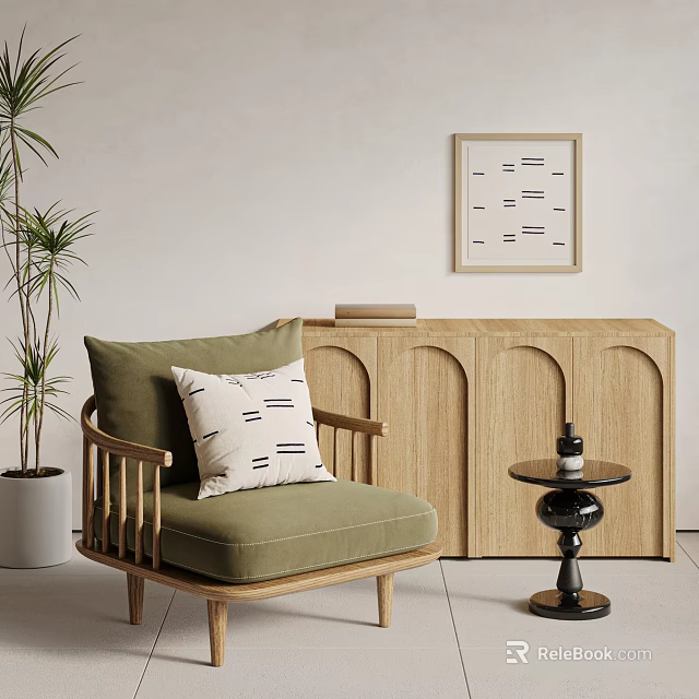 Comfortable Accent Chair with Wooden Frame Green Cushion Striped Pillow and Curved Cabinet 3d model 