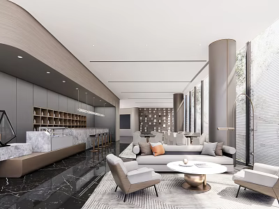 Modern Lounge Area Interior With Sofa Armchairs Round Coffee Table And Bright Lighting 3d model