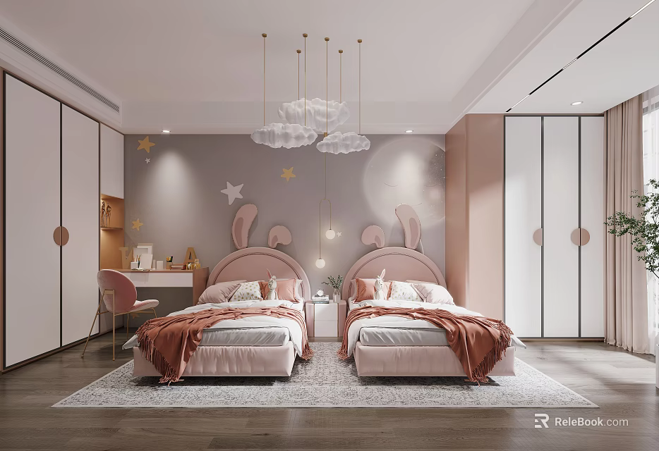 Kids Room Interior With Twin Pink Beds Rabbit Ear Headboards Star Decor Cloud Lights 3d model 