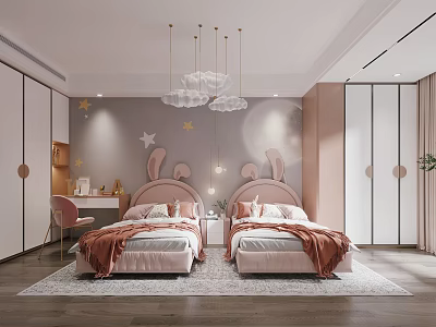 Kids Room Interior With Twin Pink Beds Rabbit Ear Headboards Star Decor Cloud Lights 3d model