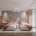 Kids Room Interior With Twin Pink Beds Rabbit Ear Headboards Star Decor Cloud Lights