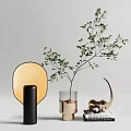 Modern Decorative Ornament Set with Green Plant Golden Accents Transparent Vase and Black Base