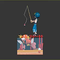 Colorful Fish Swimming in Transparent Cube with Pink Plants and Fishing Figure