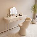 Modern White Dressing Table With Irregular Mirror Stool Cosmetics And Potted Plant In Bright Room
