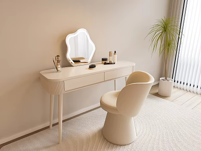 Modern White Dressing Table With Irregular Mirror Stool Cosmetics And Potted Plant In Bright Room 3d model