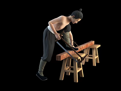 Shirtless Man Using Tool to Cut Wood Plank on Wooden Stools 3d model