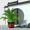 Chinese Garden Wall With Traditional Tile Roof Circular Lattice Window Green Palm Plant Red Flowerpot