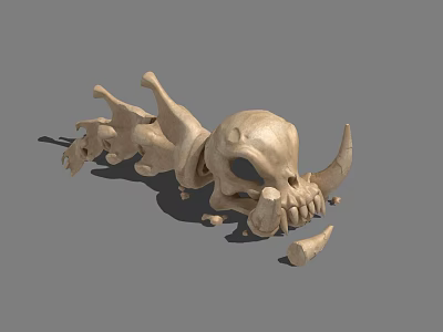 3D Rendered Skeleton Skull with Horns and Bones on Gray Background 3d model