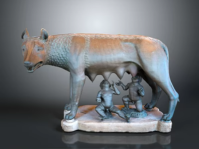 Bronze She Wolf Sculpture With Two Nursing Infants On Stone Base 3d model