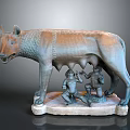 Bronze She Wolf Sculpture With Two Nursing Infants On Stone Base 3d model