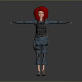 3D Character With Red Hair Blue Overalls And Black Tactical Vest Arms Outstretched Gray Background