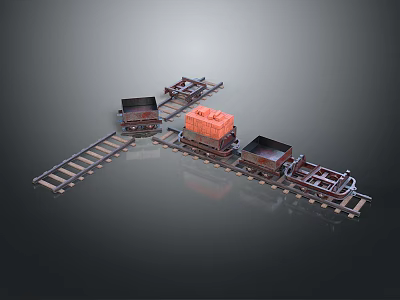 Detailed miniature model train track with orange and black carriages on metal rails 3d model