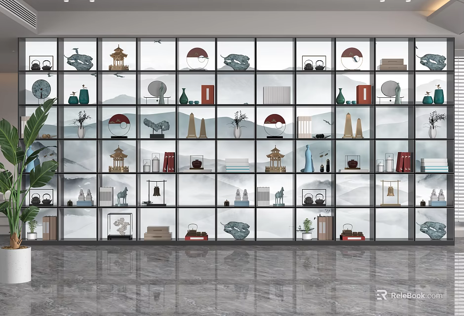 Modern Glass Shelving Unit with Decorative Ornaments Umbrellas and Books in Exhibition Hall 3d model 