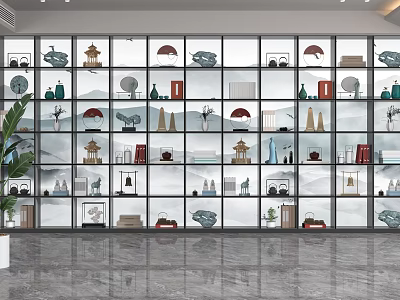 Modern Glass Shelving Unit with Decorative Ornaments Umbrellas and Books in Exhibition Hall 3d model
