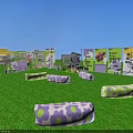 Bright Outdoor Space With Green Grass Purple Green Flower Patterned Cushions And Banners