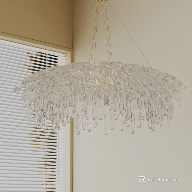 Transparent Chandelier with Teardrop Crystal Decorations Hanging in Room and Window Blinds 3d model 