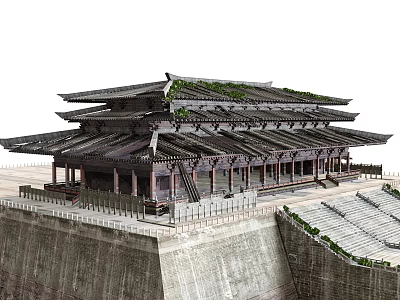Traditional Ancient Building Featuring Multi tiered Roof Wooden Structure And Stone Base Steps 3d model