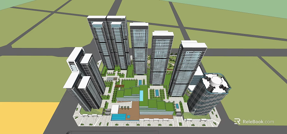 Modern High Rise Residential Complex With Central Green Space And Pool 3d model