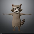 3D Raccoon Character Standing With Arms Outstretched Surprised Expression Brown Gray Fur And Striped Tail