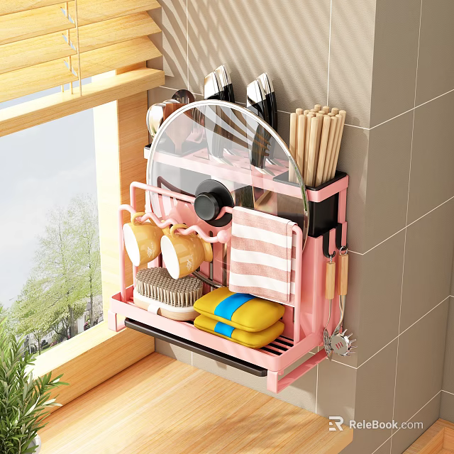 Pink Wall Mounted Bathroom Cabinet Rack with Utensils Towel Brush and Colorful Cloths Storage 3d model 