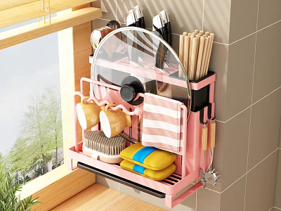 Pink Wall Mounted Bathroom Cabinet Rack with Utensils Towel Brush and Colorful Cloths Storage 3d model