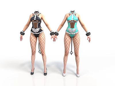 Women In Black And Blue Bodysuits With Fishnet Stockings High Heels And Wrist Cuffs 3d model