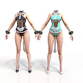 Women In Black And Blue Bodysuits With Fishnet Stockings High Heels And Wrist Cuffs