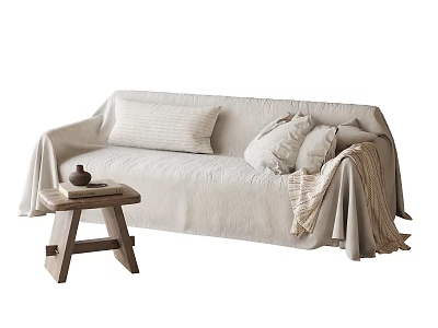 Cozy Beige Multi person Sofa With Soft Cushions Draped Blanket And Small Wooden Table 3d model