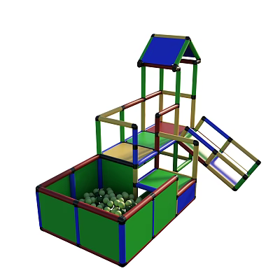 Colorful Kids Play Area with Slide Ball Pit and Multi level Playhouse Roof Structure 3d model
