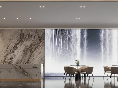 Modern Clubhouse Interior With Marble Wall Waterfall Backdrop and Dining Seating 3d model