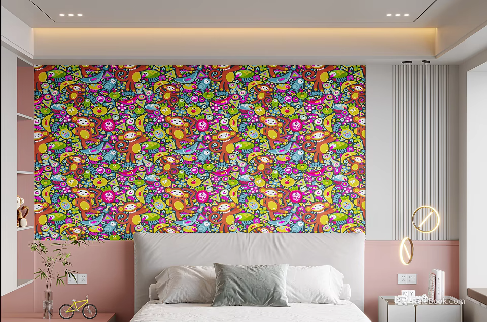 Vibrant Colorful Wall Mural With Cartoon Monkeys Flowers And Various Patterns 3d model 