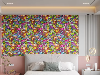 Vibrant Colorful Wall Mural With Cartoon Monkeys Flowers And Various Patterns 3d model