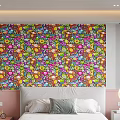Vibrant Colorful Wall Mural With Cartoon Monkeys Flowers And Various Patterns