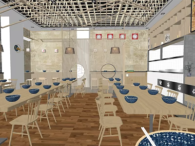 Rustic Restaurant Interior With Wooden Tables Blue Bowls And Ceiling Lattice Design 3d model