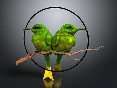 Decorative Ornament Set With Green Birds On Branch And Black Circular Frame Yellow Feet 3d model