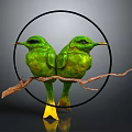 Decorative Ornament Set With Green Birds On Branch And Black Circular Frame Yellow Feet