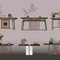Chinese Style Wooden Console Tables with Potted Plants Tea Sets and Lattice Design Interior