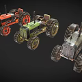 Three Colorful Vintage Utility Tractors with Large Wheels Classic Design and Retro Style