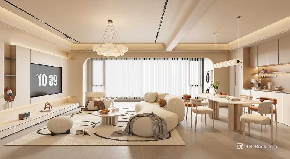 Modern Living Dining Room Interior With Curved Sofa Coffee Table Dining Set And Pendant Lights 3d model 